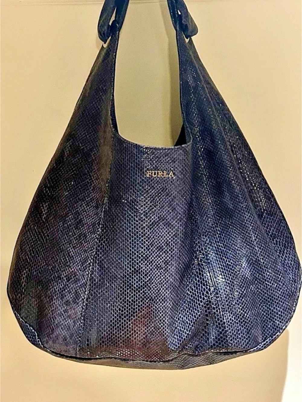 Furla Snakeskin Embossed Hobo Bag in navy blue